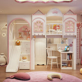 Children's room with a castle-themed bed and slide